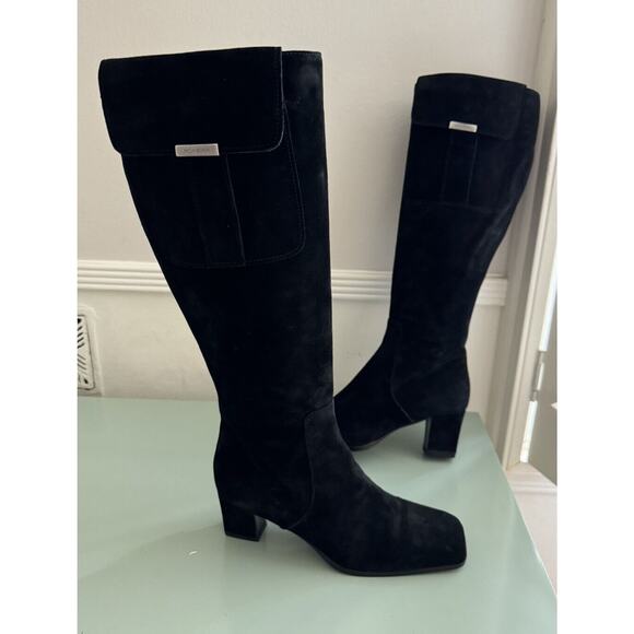 Yves Saint Laurent Shoes - YVES SAINT LAURENT VTG Square Toe Black Suede Knee Boots Block Heels Sz 7.5 YSL